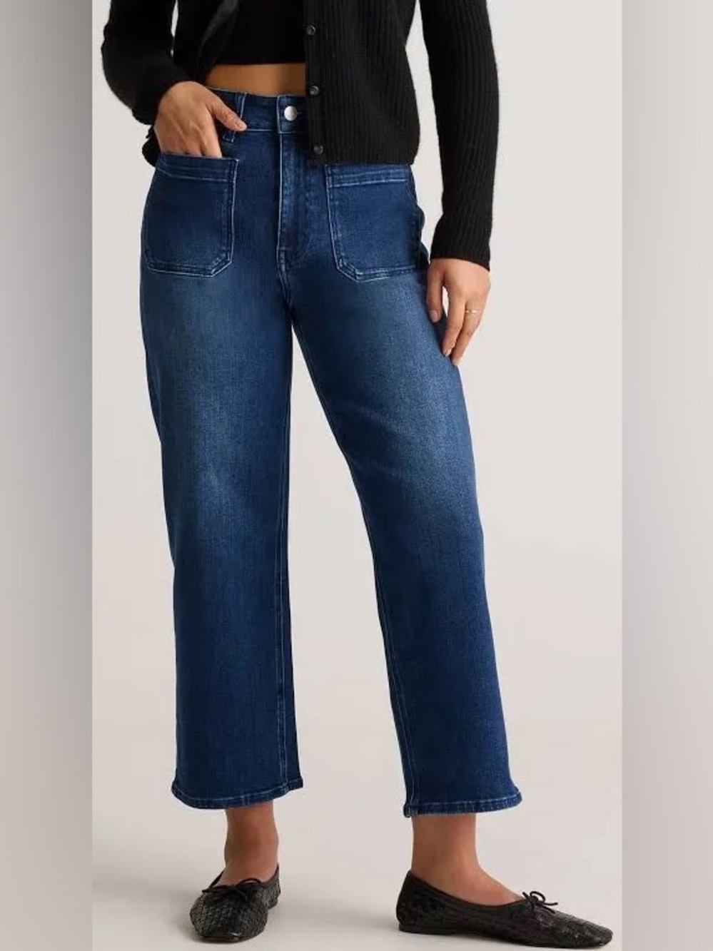 Quince Bella stretch, high-rise patch pocket wide leg, dark wash organic jean 29
